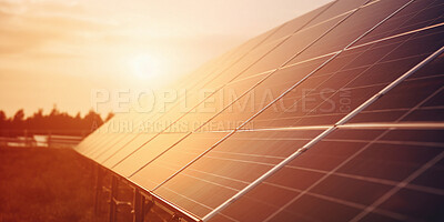 Solar panel, sunrise or electricity farm for renewable energy, sustainability and ai generated power