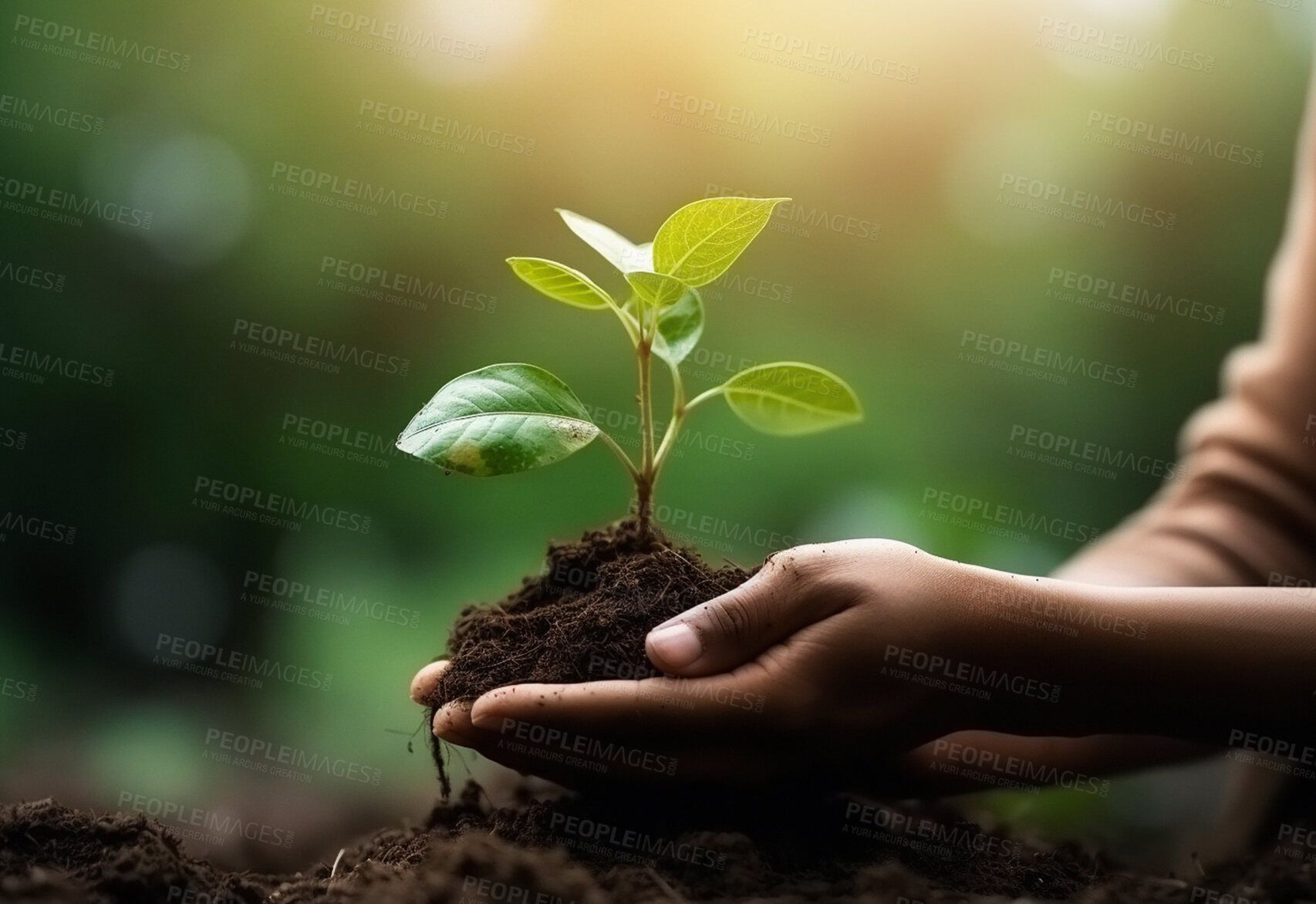 Buy stock photo Closeup hands, plant and sapling for agriculture, eco conservation and ai generated person in growth