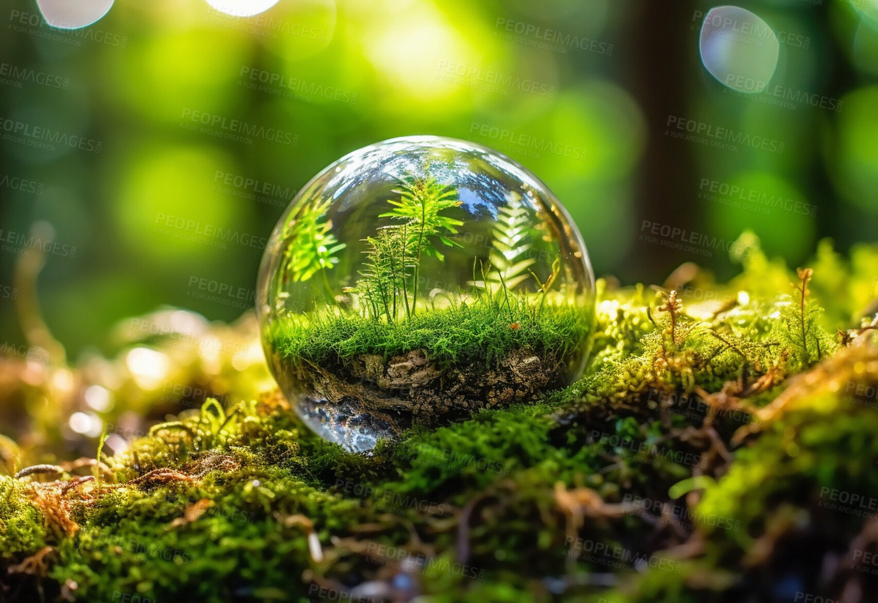 Buy stock photo Closeup, water drop and green growth in forest, woods and nature for ai generated sustainability