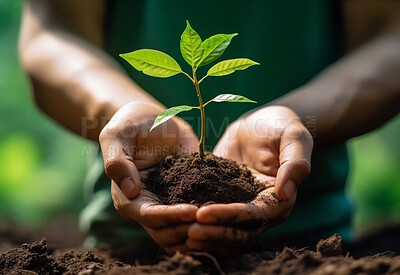 Person hands, plant and sapling growth for planting, eco conservation and ai generated agriculture