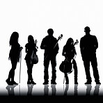 People, orchestra and silhouette illustration of band with musical instruments and ai generated song