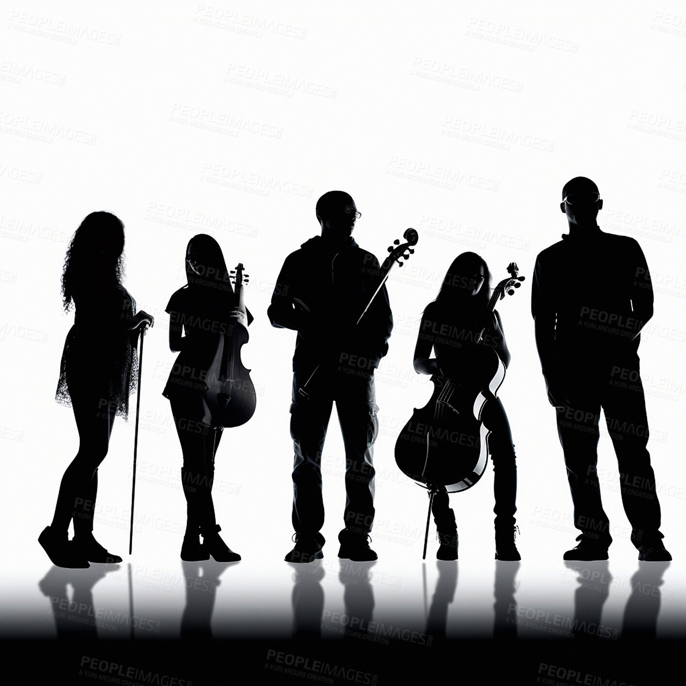 Buy stock photo People, orchestra and silhouette illustration of band with musical instruments and ai generated song