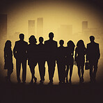 Business people, city and leadership silhouette for illustration, company or ai generated teamwork