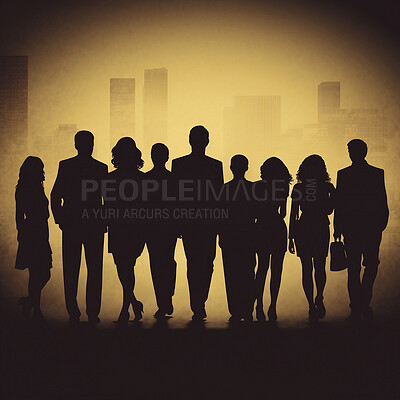 Business people, city and leadership silhouette for illustration, company or ai generated teamwork