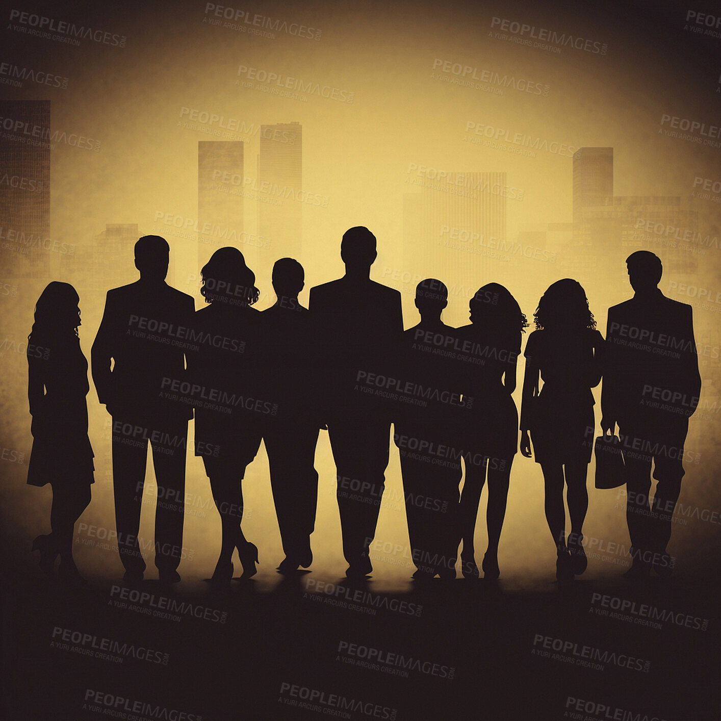 Buy stock photo Business people, city and leadership silhouette for illustration, company or ai generated teamwork