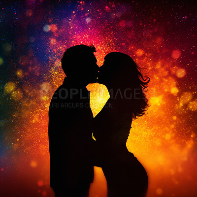 Couple, people and kissing in illustration silhouette bonfire for valentines day and ai generated