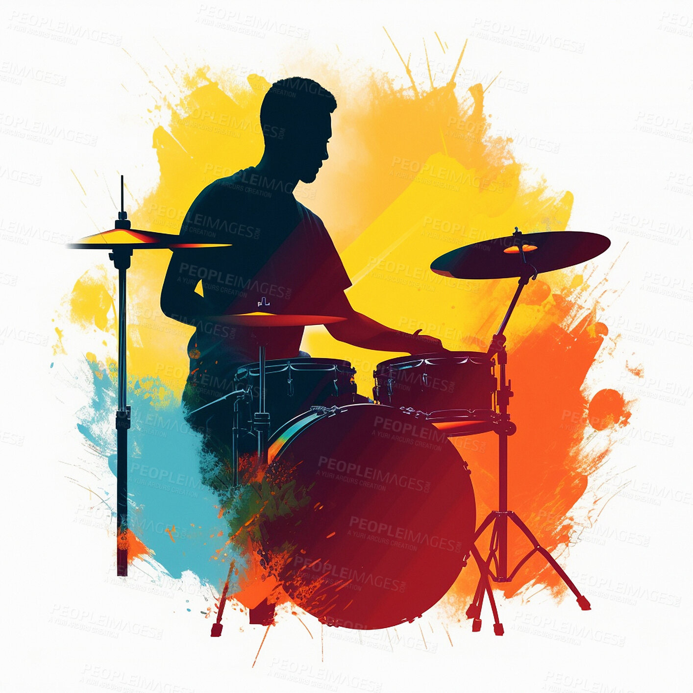 Buy stock photo Musician, drummer and silhouette illustration of man for ai generated concert and song performance