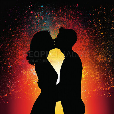 Couple, people and kissing in illustration silhouette fireworks for valentines day and ai generated