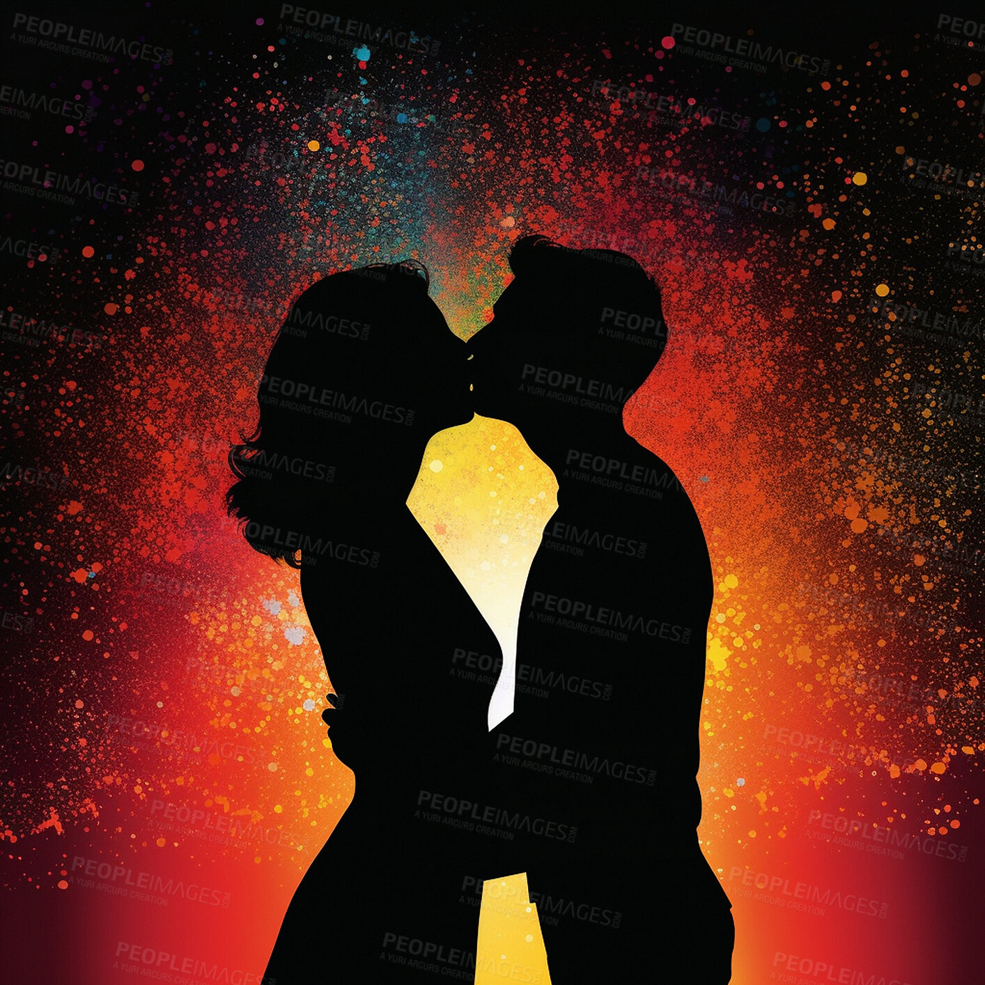 Buy stock photo Couple, people and kissing in illustration silhouette fireworks for valentines day and ai generated