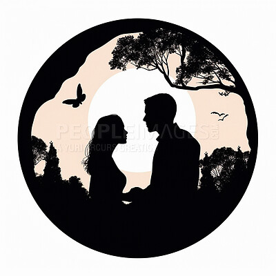 Couple, people and close in illustration silhouette circle for valentines day and ai generated love