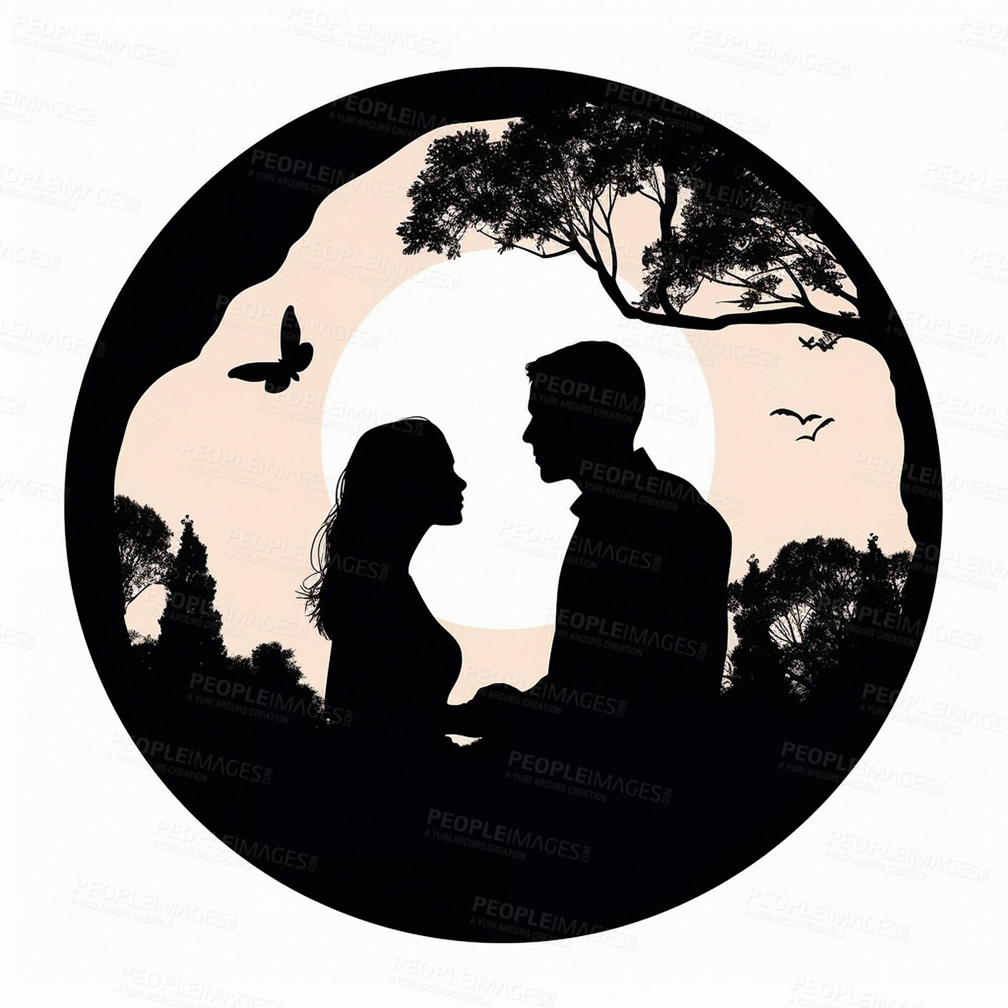 Buy stock photo Couple, people and close in illustration silhouette circle for valentines day and ai generated love