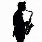 Musician, saxophone and silhouette illustration of man for ai generated concert and jazz performance