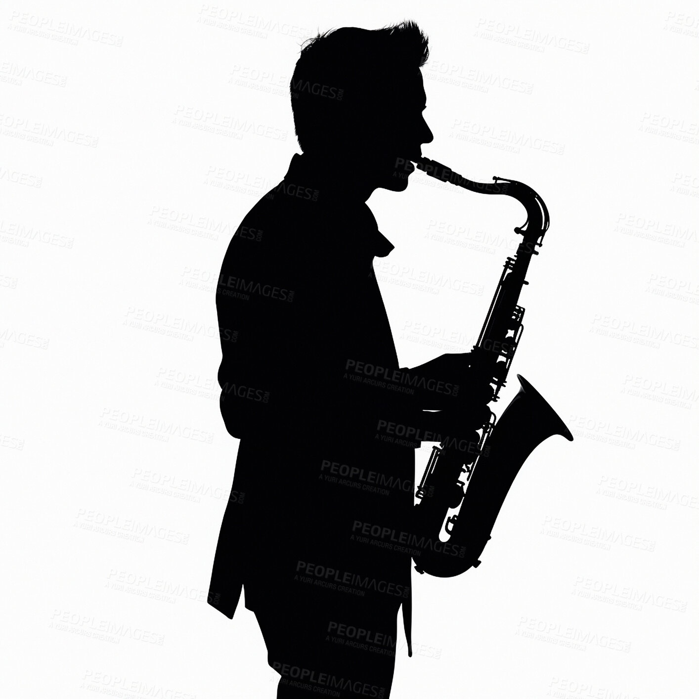 Buy stock photo Musician, saxophone and silhouette illustration of man for ai generated concert and jazz performance