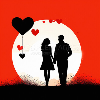 Couple, people and holding hands in illustration silhouette for valentines day and ai generated love