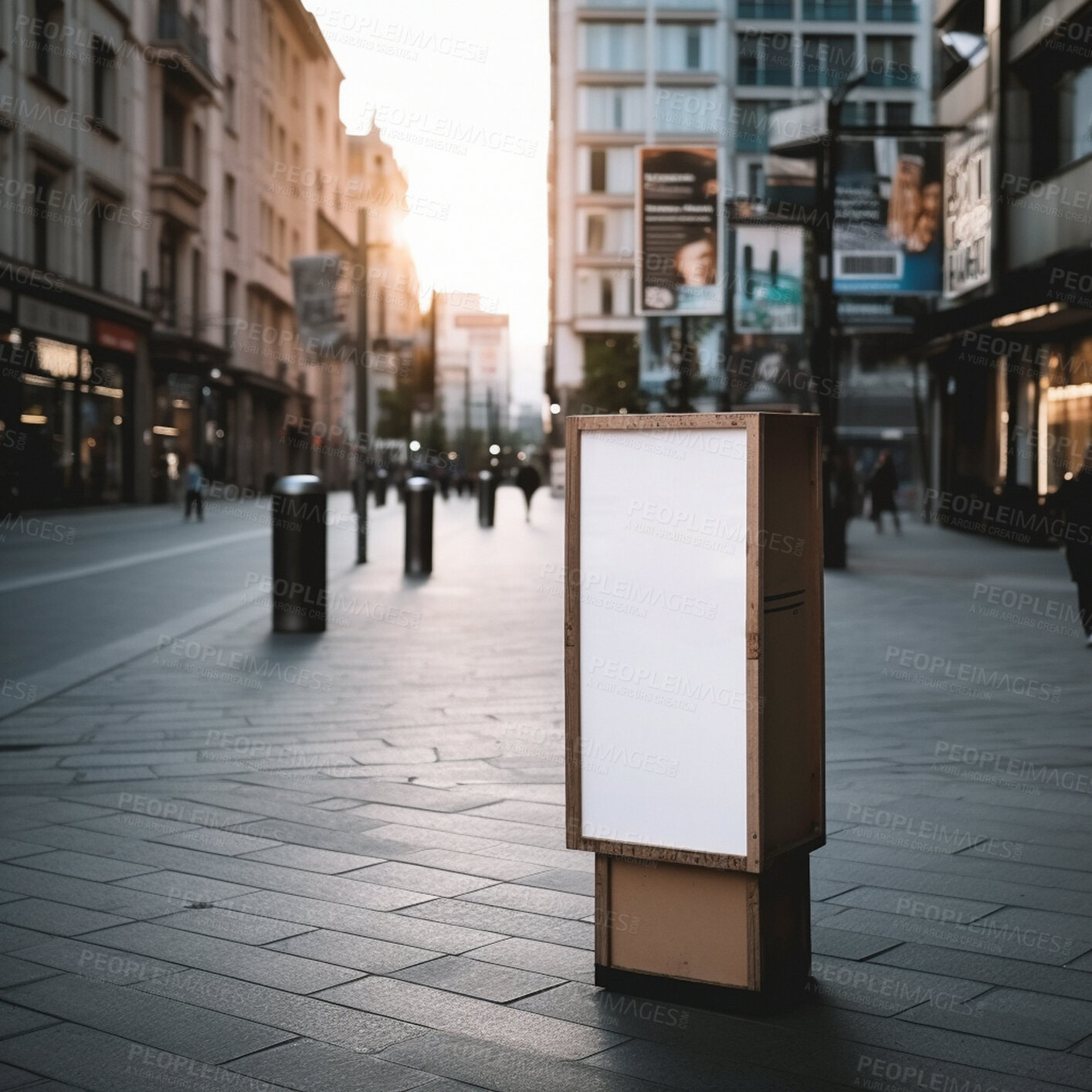 Buy stock photo City poster, mockup and sidewalk for advertising space, blank marketing or ai generated information