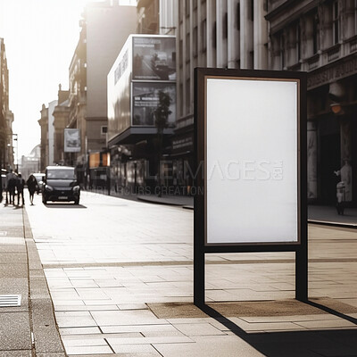 Urban poster, mockup and sidewalk for advertising space, blank marketing or ai generated information