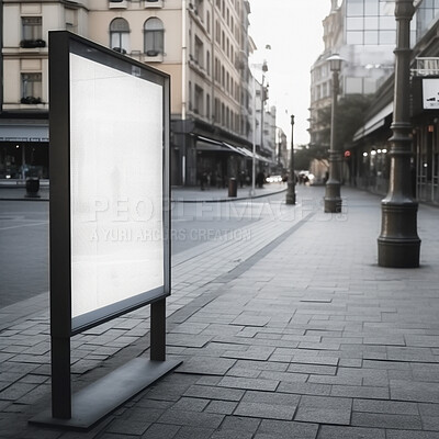 Urban poster, mockup and sidewalk for marketing space, blank advertising or ai generated information