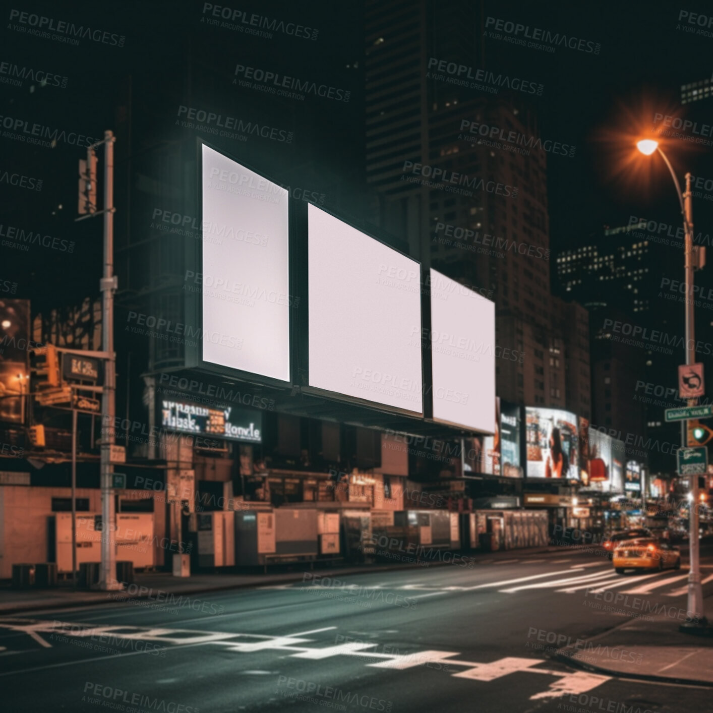 Buy stock photo Urban billboard, night and mockup for advertising, blank marketing space or ai generated information