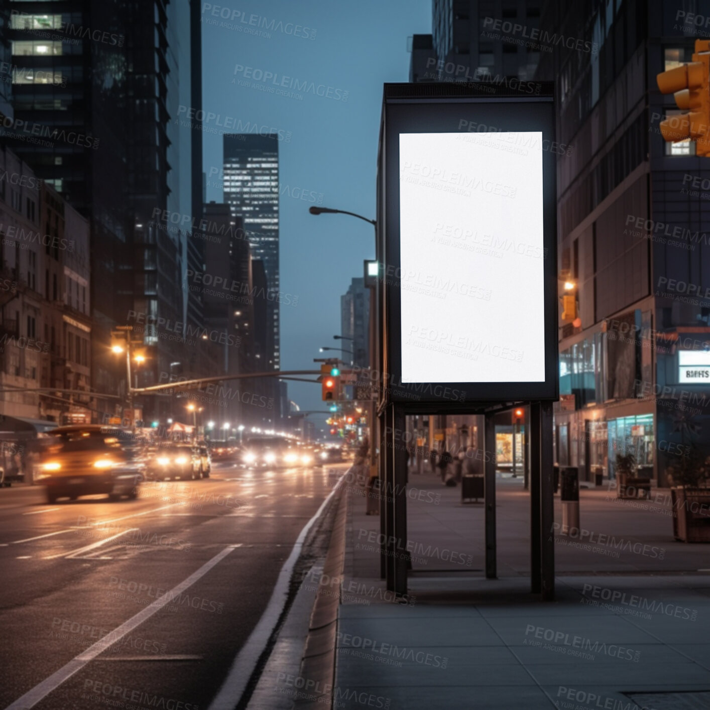 Buy stock photo Town billboard, night and mockup for advertising, blank marketing space or ai generated information