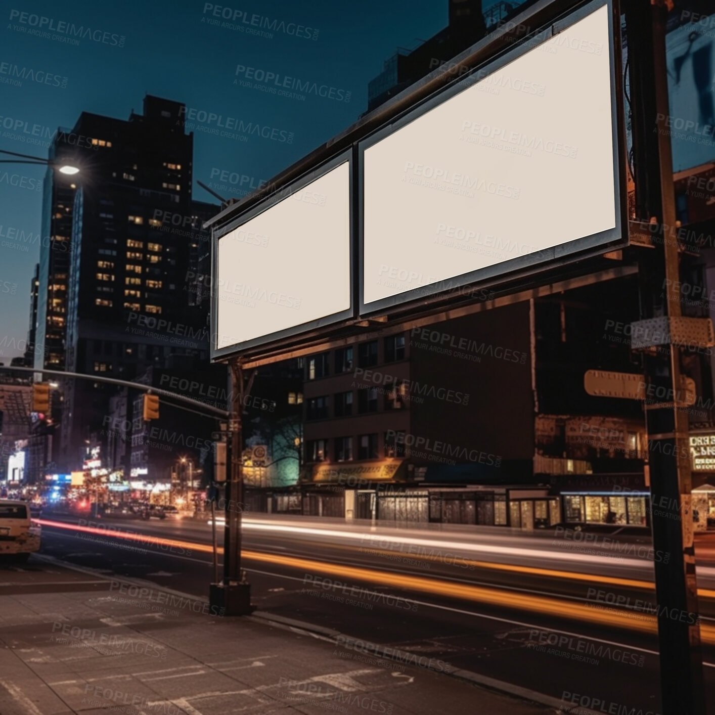 Buy stock photo City billboard, night and mockup for advertising, blank marketing space or ai generated information