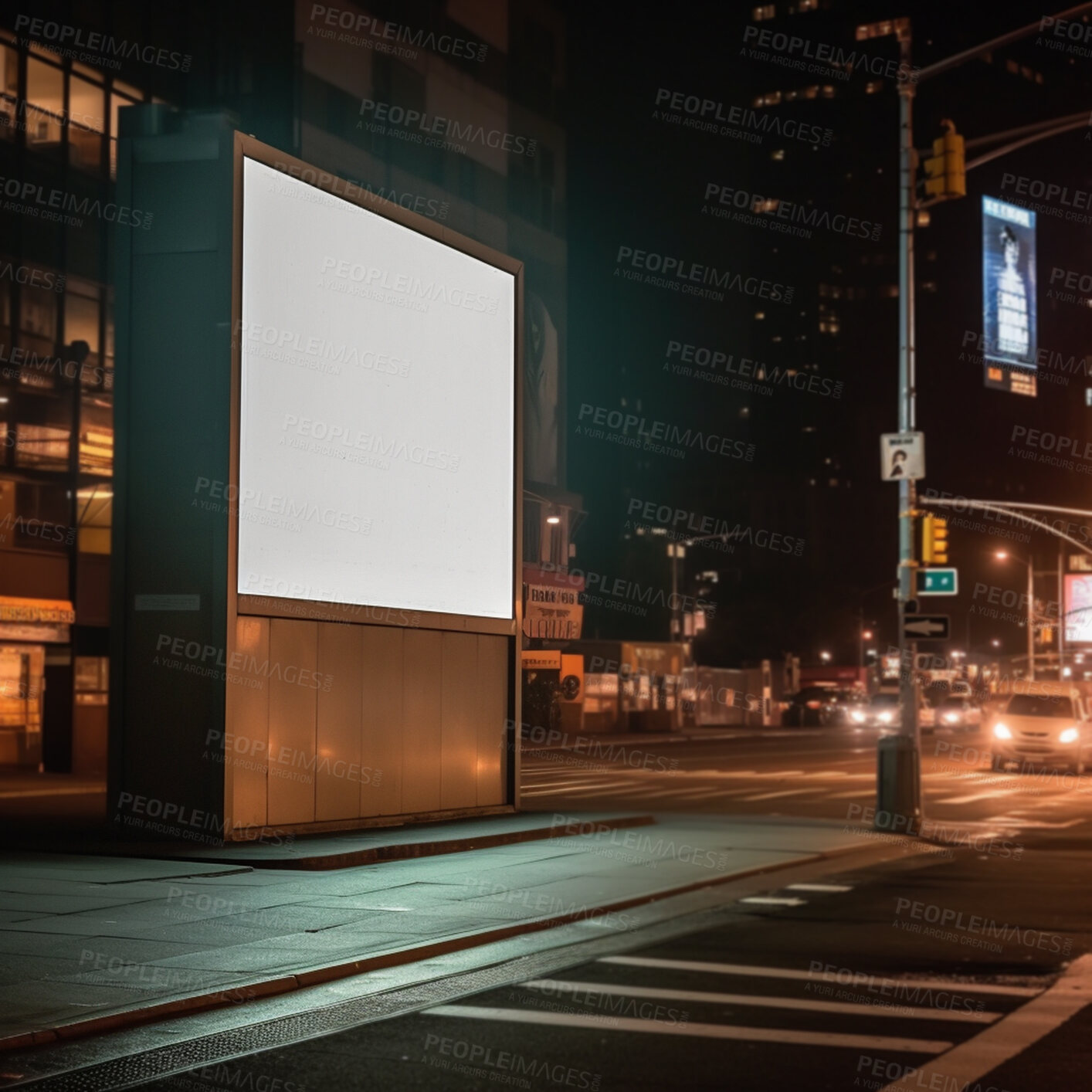 Buy stock photo City billboard, night and mockup for marketing, blank advertising space or ai generated information