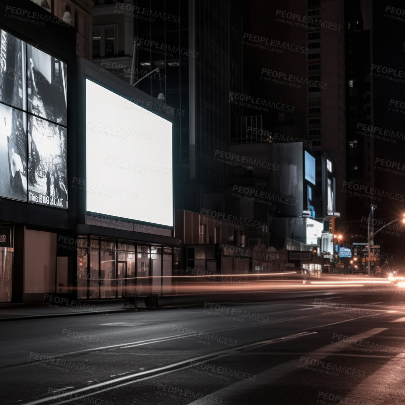 Buy stock photo Town billboard, night and mockup for marketing, blank advertising space or ai generated information