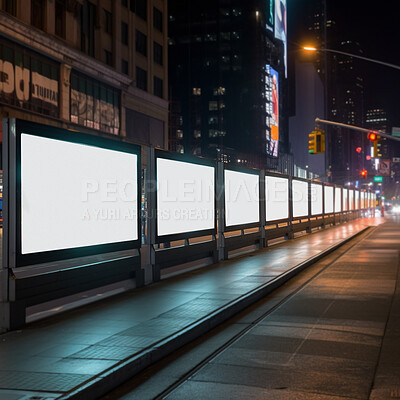 Town billboard, night and mockup space for marketing, blank advertising or ai generated information
