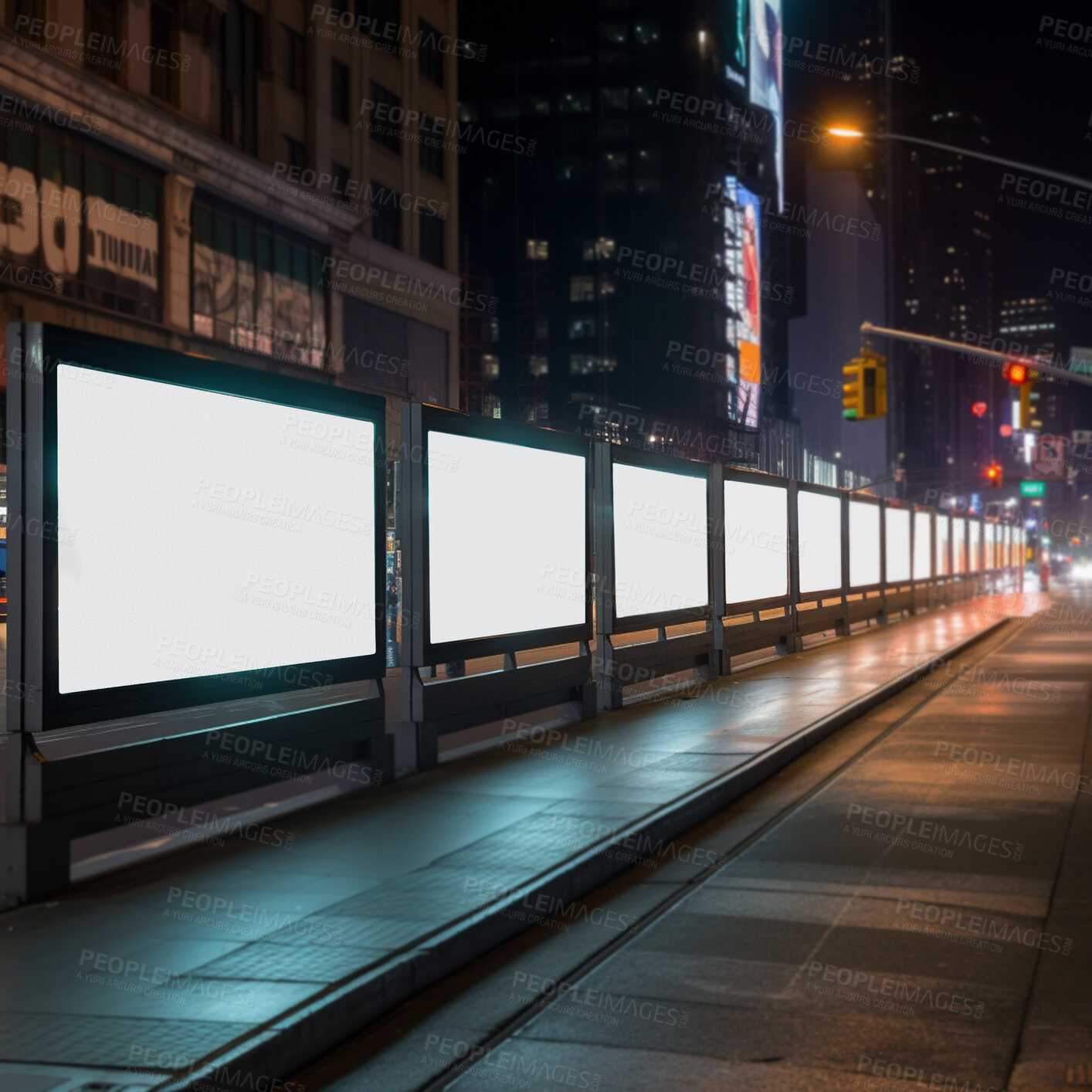 Buy stock photo Town billboard, night and mockup space for marketing, blank advertising or ai generated information