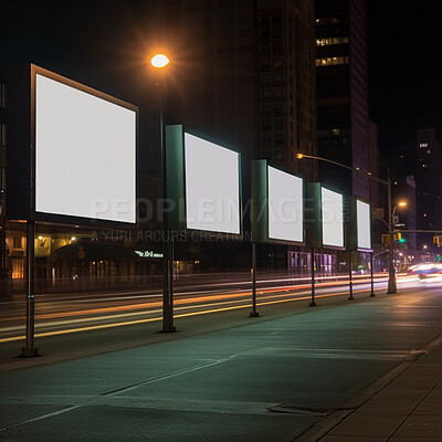 City billboard, night and mockup space for marketing, blank advertising or ai generated information