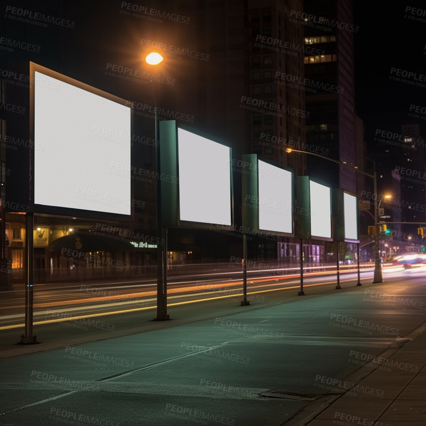 Buy stock photo City billboard, night and mockup space for marketing, blank advertising or ai generated information