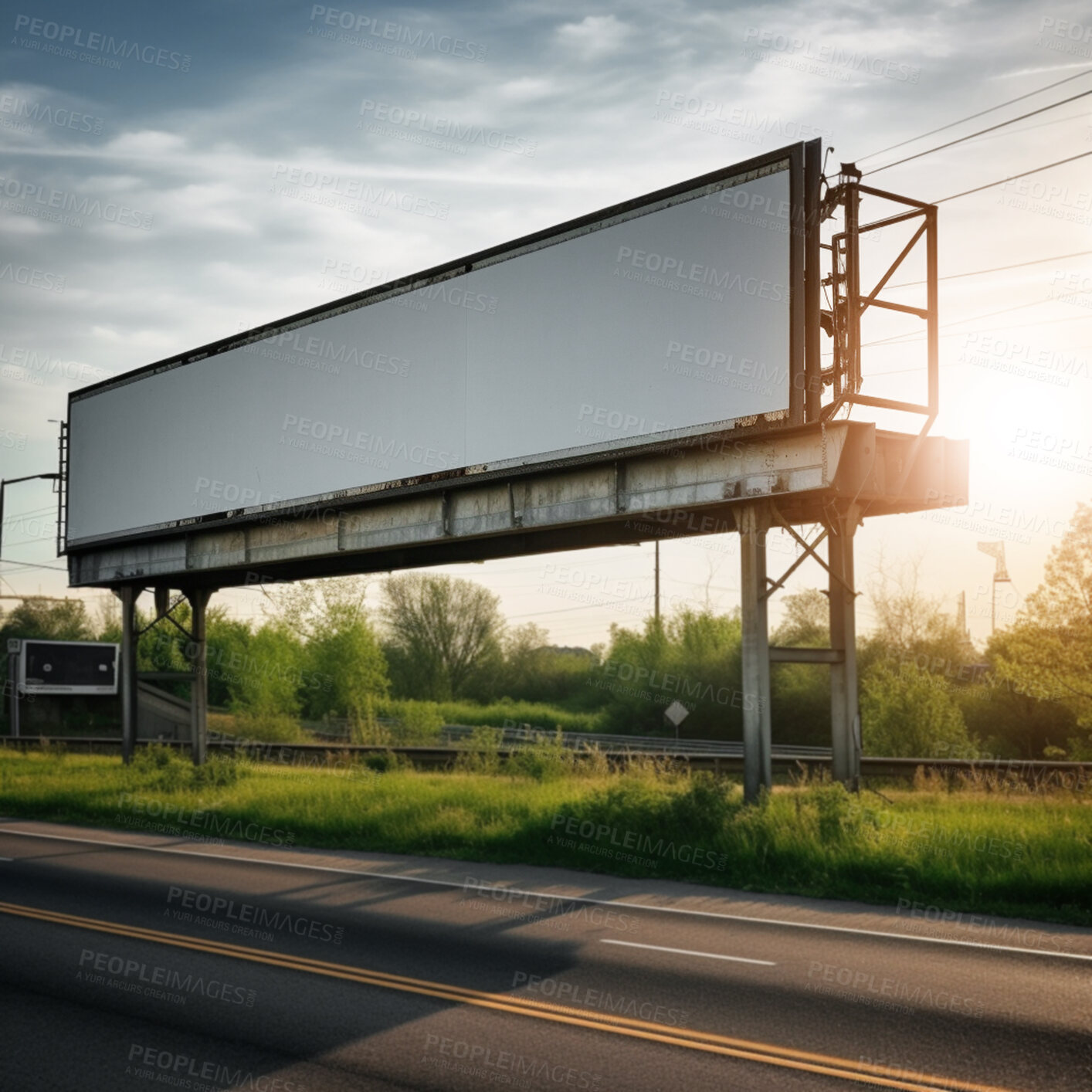 Buy stock photo Town billboard, mockup and space for advertising, blank marketing and ai generated news information