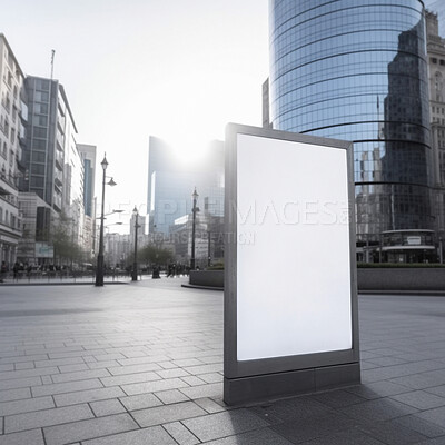 Urban poster, mockup and sidewalk space for marketing, blank advertising or ai generated information