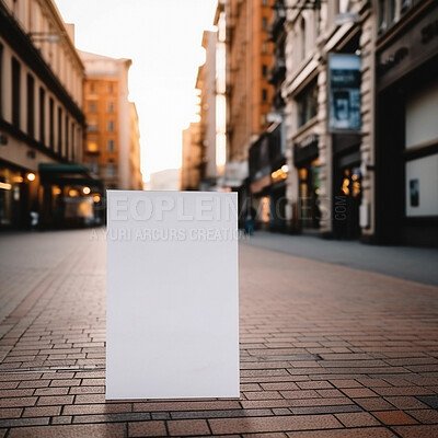 Town poster, mockup and sidewalk space for marketing, blank advertising or ai generated information