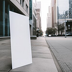 City poster, mockup and sidewalk space for marketing, blank advertising or ai generated information