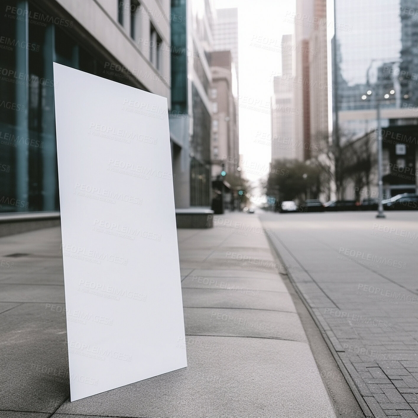 Buy stock photo City poster, mockup and sidewalk space for marketing, blank advertising or ai generated information