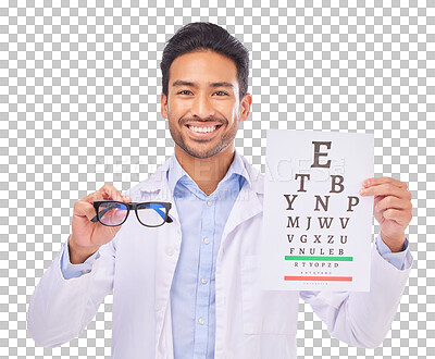 Portrait of doctor holding glasses, eye test and smile at vision