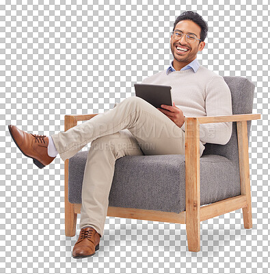 Business man on armchair isolated on a white background happy th
