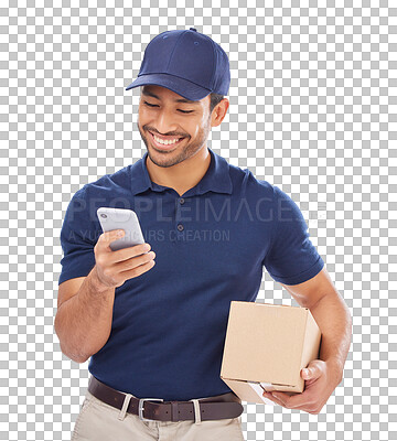 Delivery man with package and smile with phone and box, ecommerc
