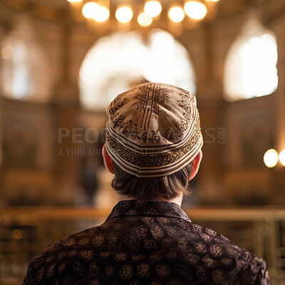 Buy stock photo Man, orthodox and synagogue for Jewish back in faith, religion or belief for Hannukah, passover or yom kippur prayer. Ai generated, male person and religious Judaism for spirituality building praying