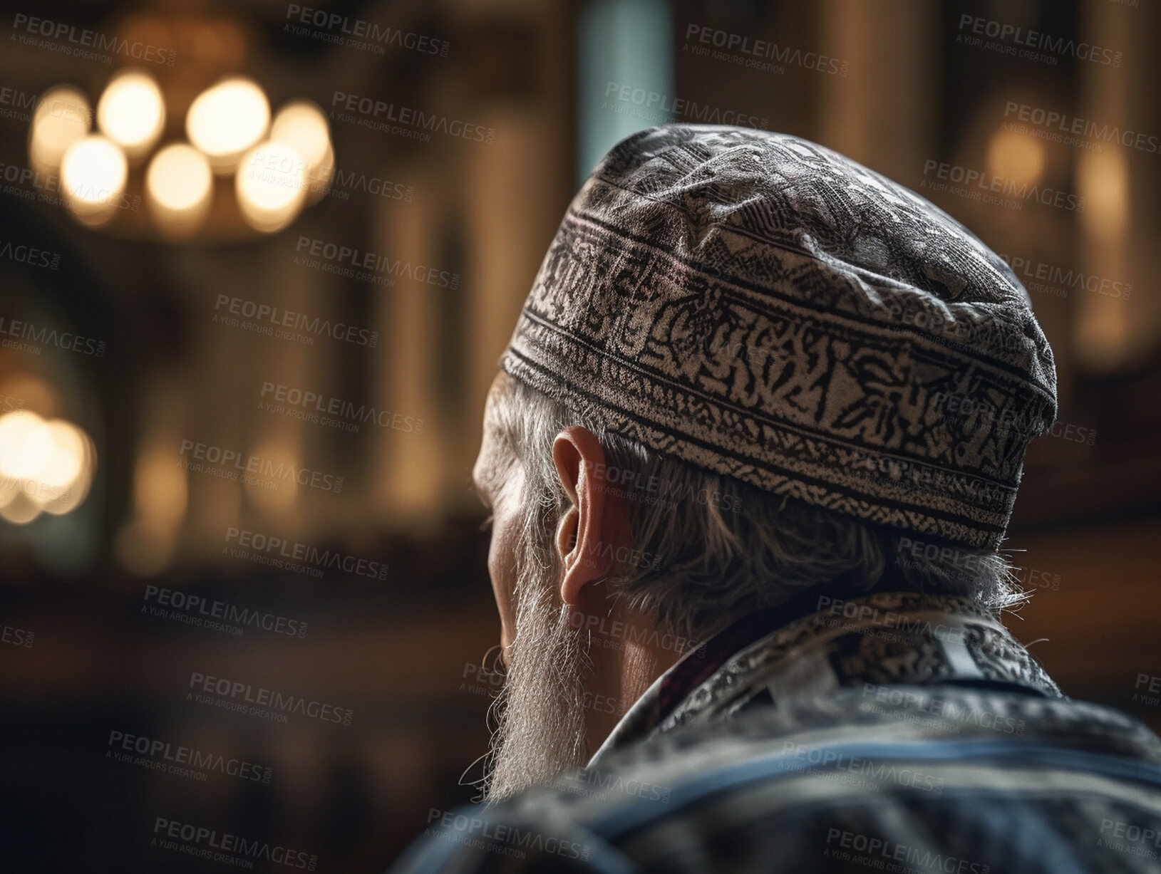 Buy stock photo Closeup, man and mosque for Islamic faith, religion belief for Eid, Ramadan and Mecca praying. Ai generated, mature male person and religious Muslim in spirituality building for hope and Allah