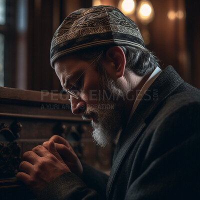 Old man, face and praying in synagogue for Jewish orthodox in faith, religion or belief for Hannukah, passover or yom kippur. Ai generated, elderly person or religious Judaism or spirituality prayer