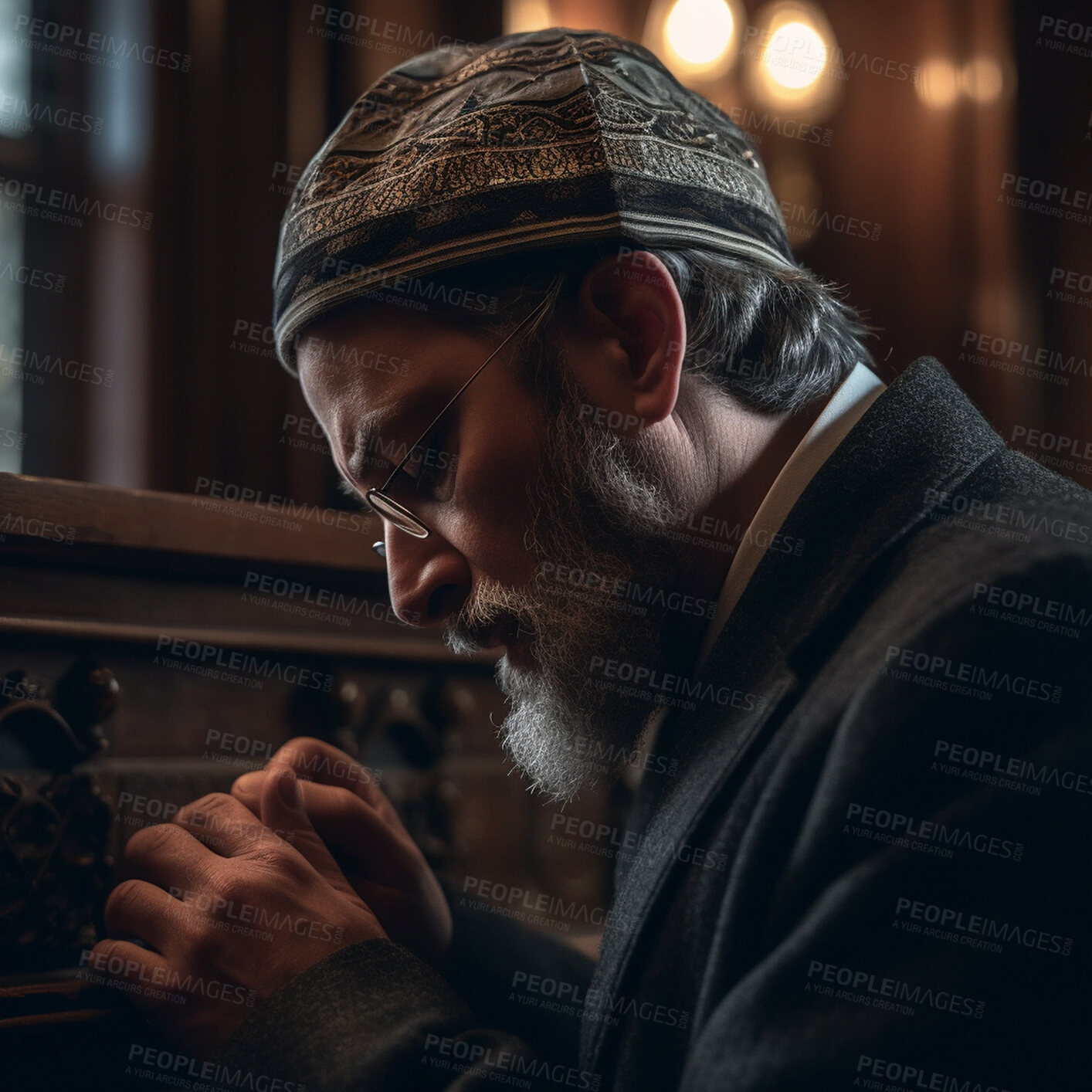 Buy stock photo Old man, face and praying in synagogue for Jewish orthodox in faith, religion or belief for Hannukah, passover or yom kippur. Ai generated, elderly person or religious Judaism or spirituality prayer