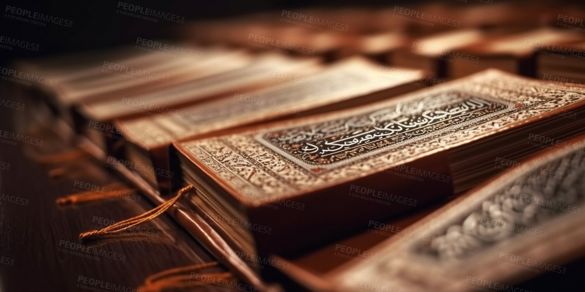 Buy stock photo Closeup, book and quran for Islamic religion, faith and belief for Eid, Ramadan and Mecca praying in mosque. Ai generated, books and religious scripture for Muslim prophecy, theology and spirituality