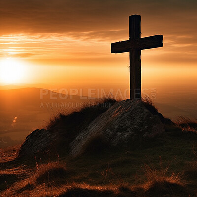 Cross, statue and sunset in landscape for religion, spirituality and Catholic belief. Ai generated, monument and symbol for Christianity prayer, calm or peace in hope and crucifixion faith at sunrise