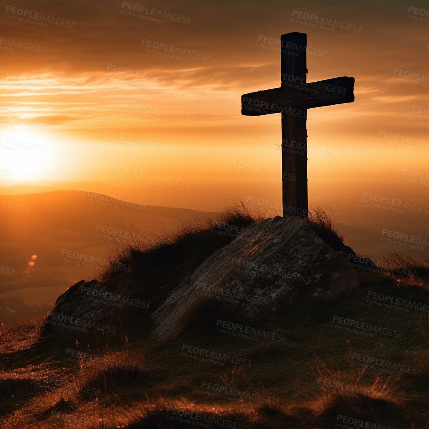 Buy stock photo Cross, statue and sunset in landscape for religion, spirituality and Catholic belief. Ai generated, monument and symbol for Christianity prayer, calm or peace in hope and crucifixion faith at sunrise