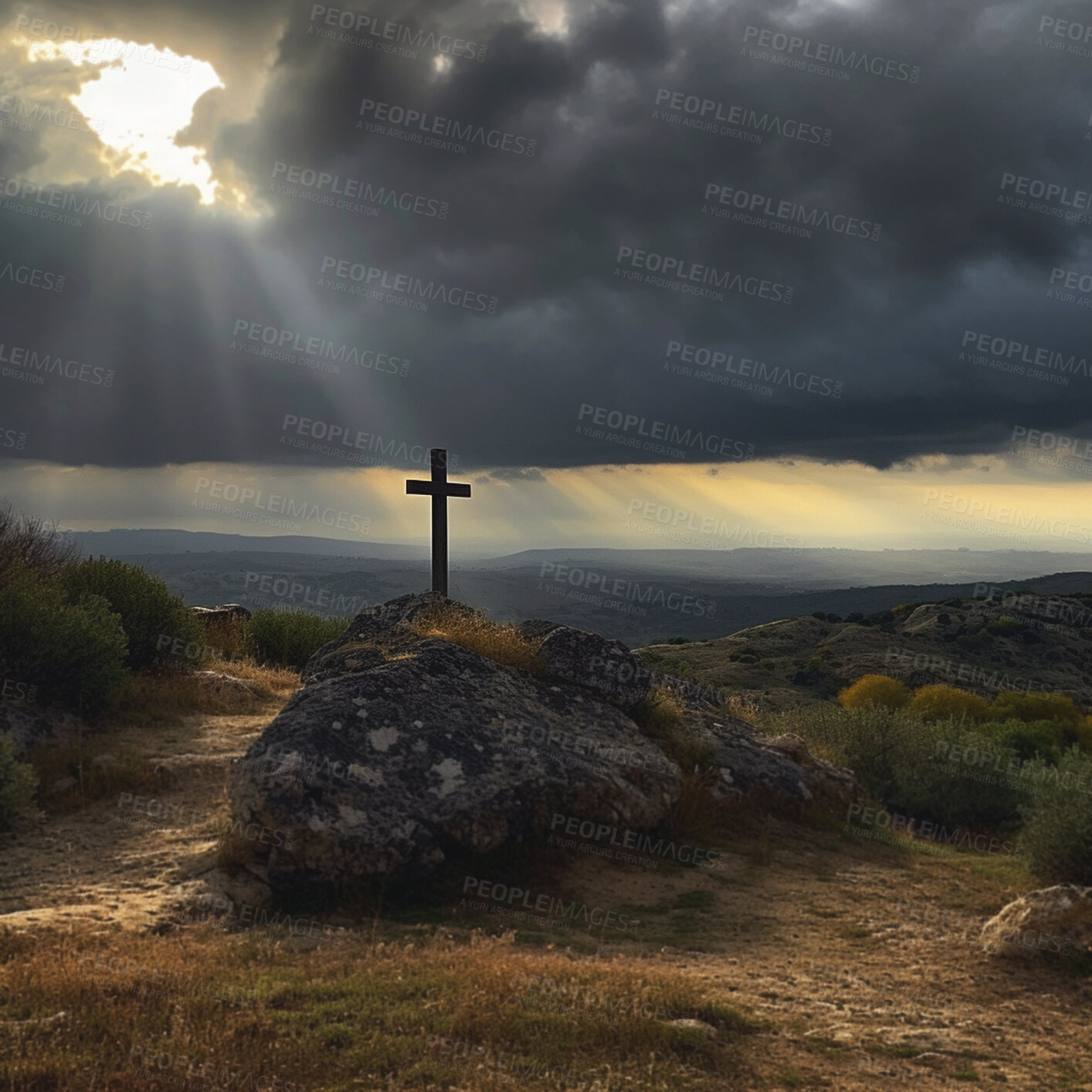 Buy stock photo Cross, statue and sun rays in landscape for religion, spirituality and Catholic belief. Ai generated, monument and symbol for Christianity prayer, calm and peace in hope and crucifixion faith