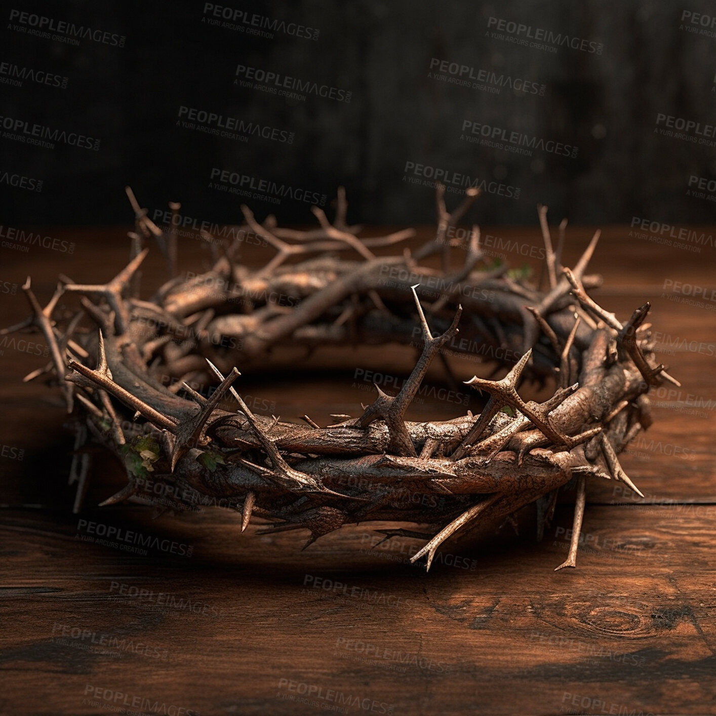 Buy stock photo Closeup, crown and thorns on table for religion, spirituality and Catholic belief. Ai generated resurrection, wrath and symbol for Christianity faith, Jesus crucifixion and salvation on desk