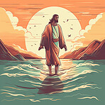 Jesus, illustration and walking on water at sunset for faith, religion and belief in spiritual miracle, mythology and theology. Ai generated, Christ and man standing on ocean sea at sunrise for art