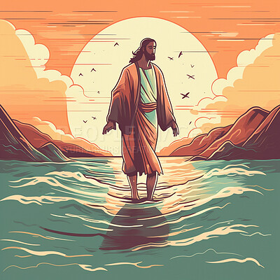 Jesus, illustration and walking on water at sunset for faith, religion and belief in spiritual miracle, mythology and theology. Ai generated, Christ and man standing on ocean sea at sunrise for art