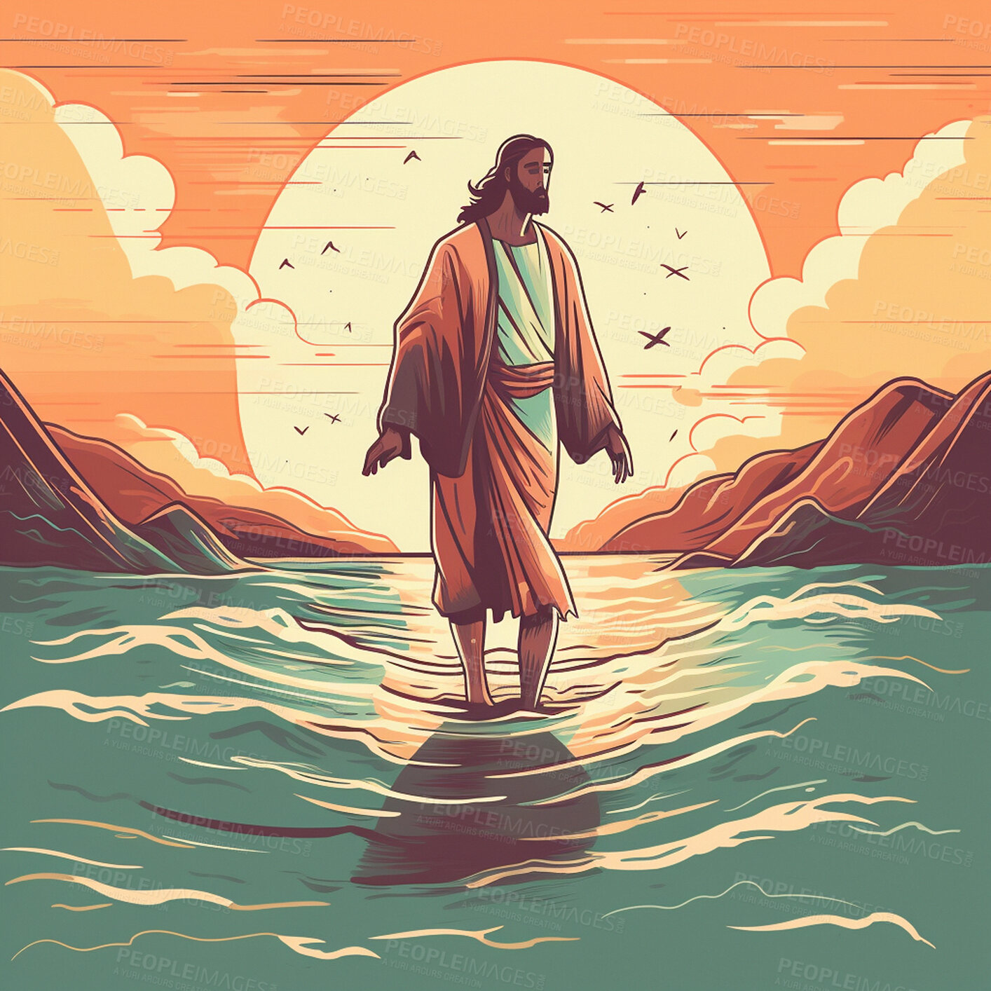 Buy stock photo Jesus, illustration and walking on water at sunset for faith, religion and belief in spiritual miracle, mythology and theology. Ai generated, Christ and man standing on ocean sea at sunrise for art